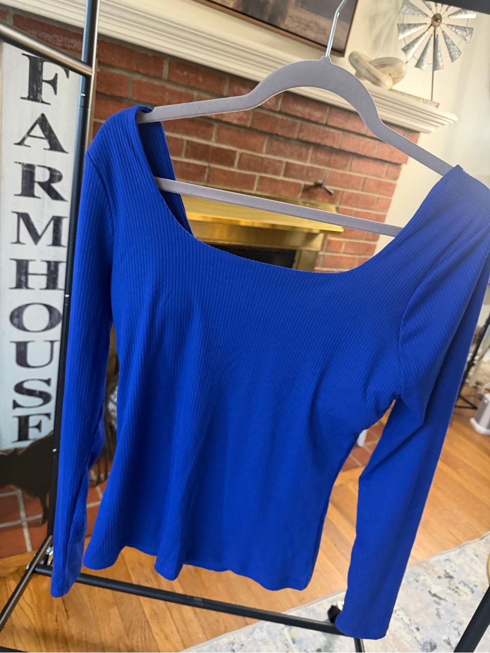 white birch Royal Blue Ribbed Scoop Neck Long-Sleeve Top